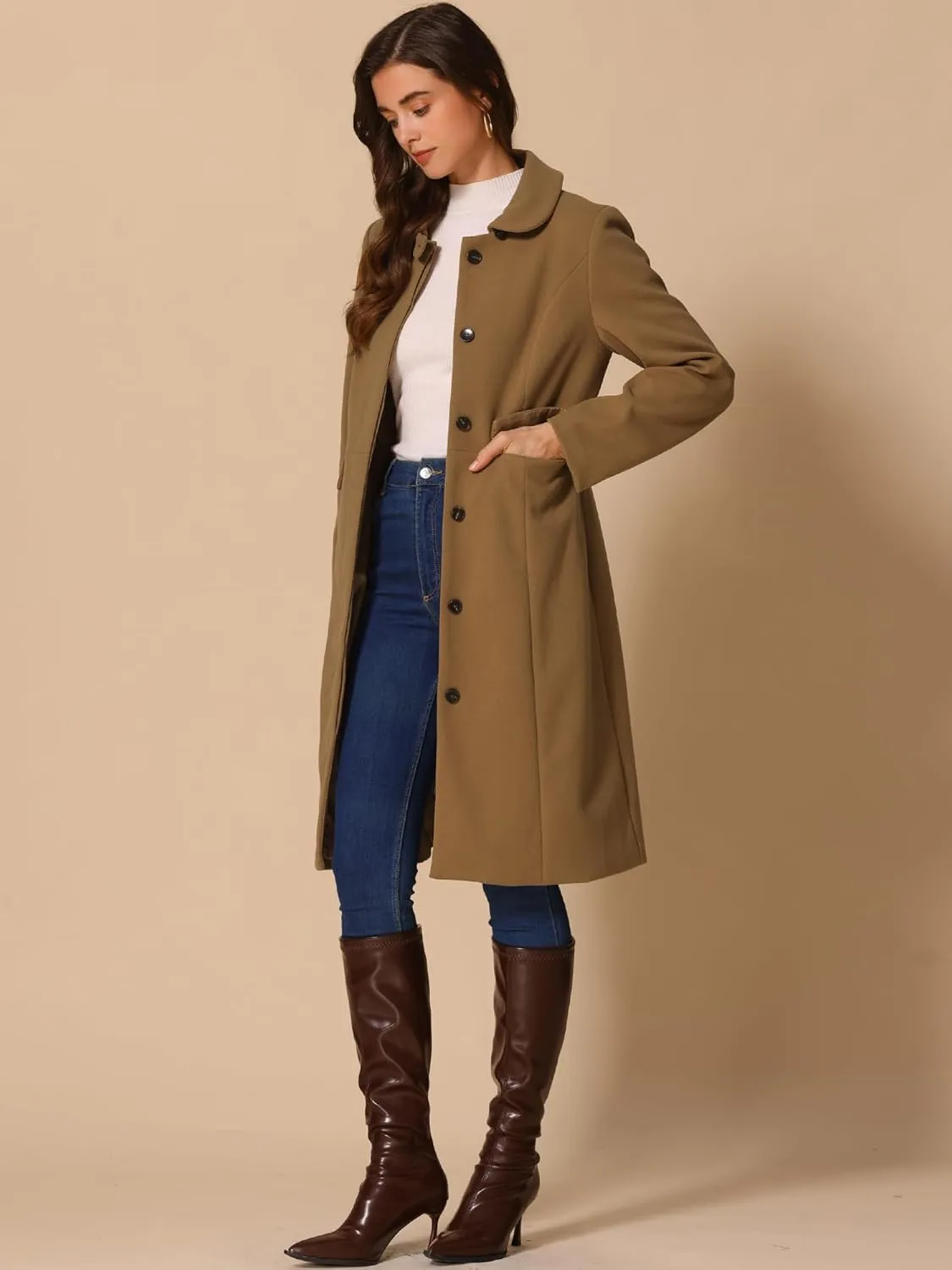 Allegra K Winter Trench Coat for Women's Vintage Peter Pan Collar Single Breasted Long Overcoat Peacoat