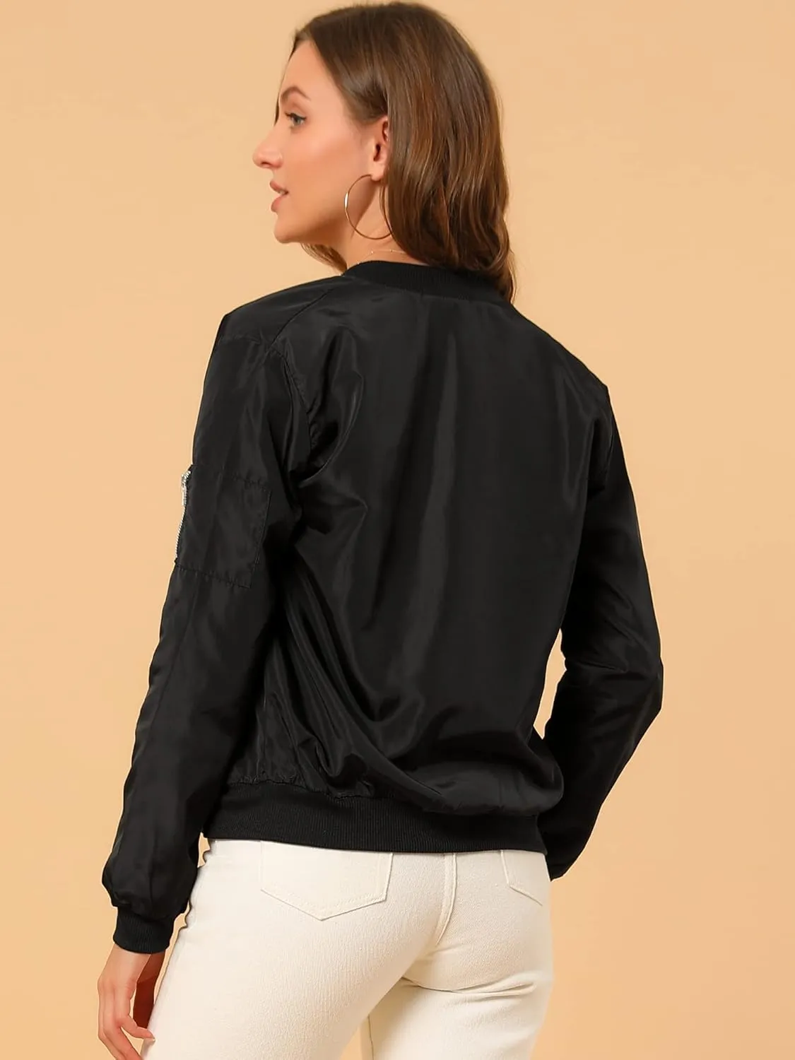 Allegra K Women's Casual Zip Up Bomber Jacket Windbreaker Outerwear with Pockets
