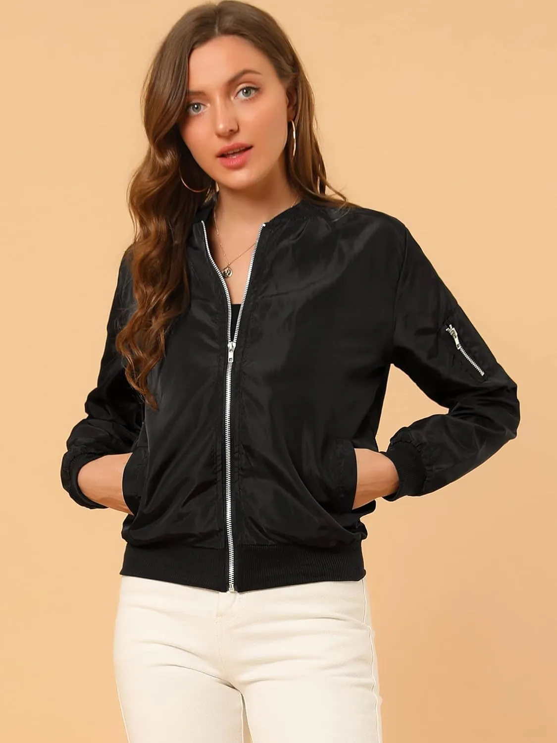 Allegra K Women's Casual Zip Up Bomber Jacket Windbreaker Outerwear with Pockets