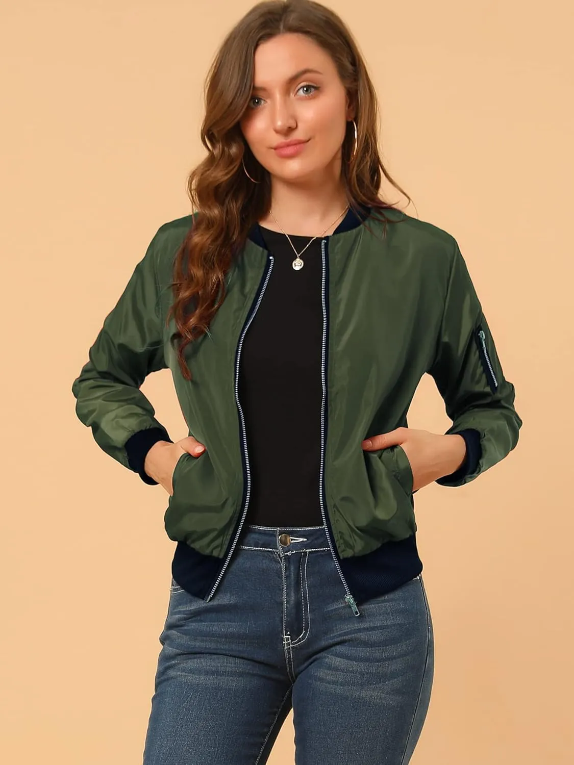 Allegra K Women's Casual Zip Up Bomber Jacket Windbreaker Outerwear with Pockets
