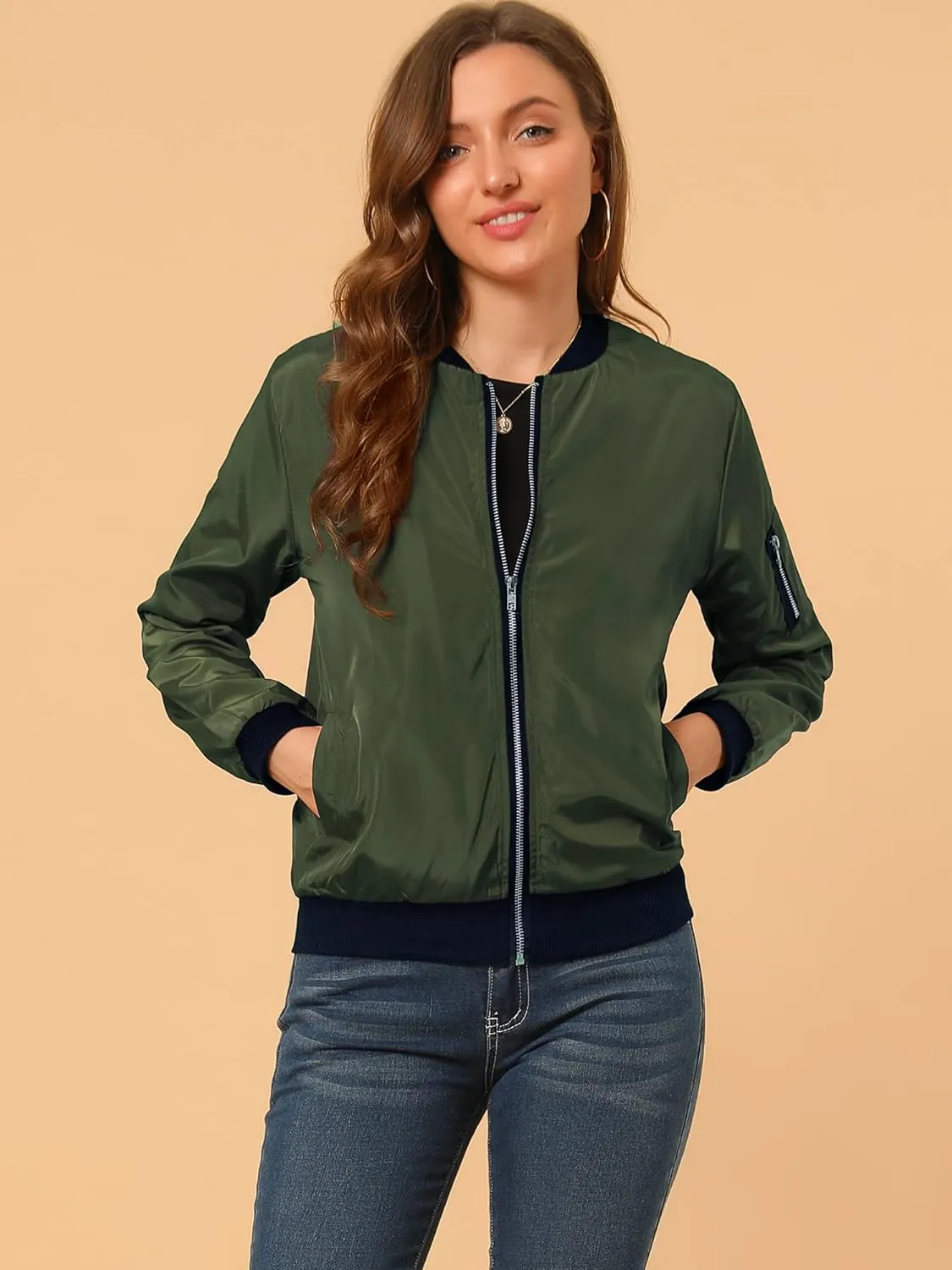 Allegra K Women's Casual Zip Up Bomber Jacket Windbreaker Outerwear with Pockets