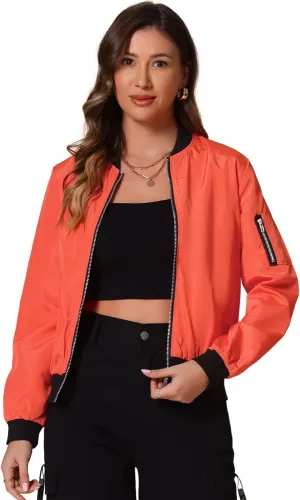 Allegra K Women's Casual Zip Up Bomber Jacket Windbreaker Outerwear with Pockets