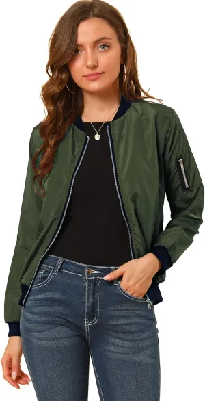Allegra K Women's Casual Zip Up Bomber Jacket Windbreaker Outerwear with Pockets