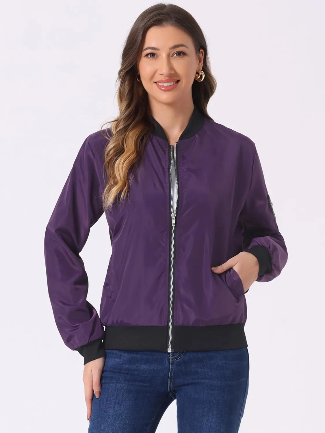 Allegra K Women's Casual Zip Up Bomber Jacket Windbreaker Outerwear with Pockets