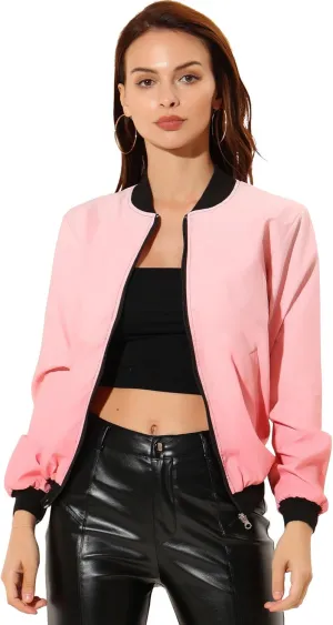 Allegra K Women's Casual Zip Up Bomber Jacket Windbreaker Outerwear with Pockets