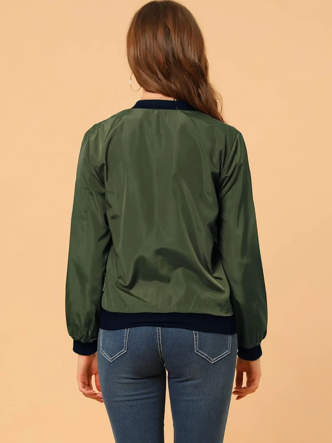 Allegra K Women's Casual Zip Up Bomber Jacket Windbreaker Outerwear with Pockets