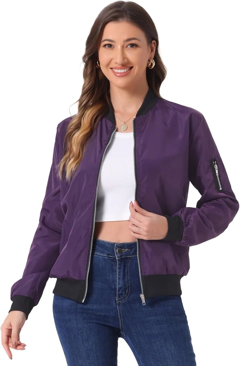 Allegra K Women's Casual Zip Up Bomber Jacket Windbreaker Outerwear with Pockets