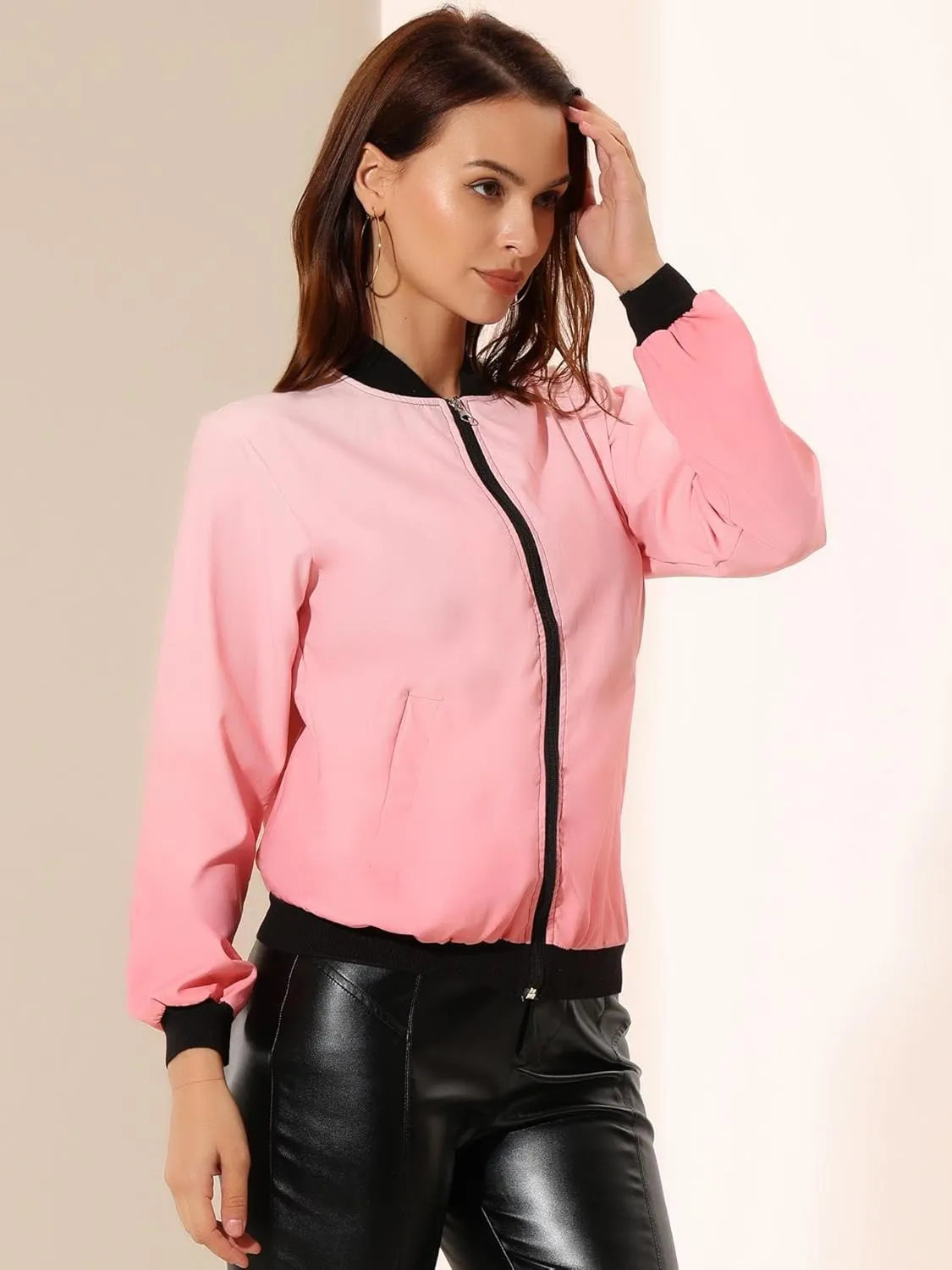 Allegra K Women's Casual Zip Up Bomber Jacket Windbreaker Outerwear with Pockets