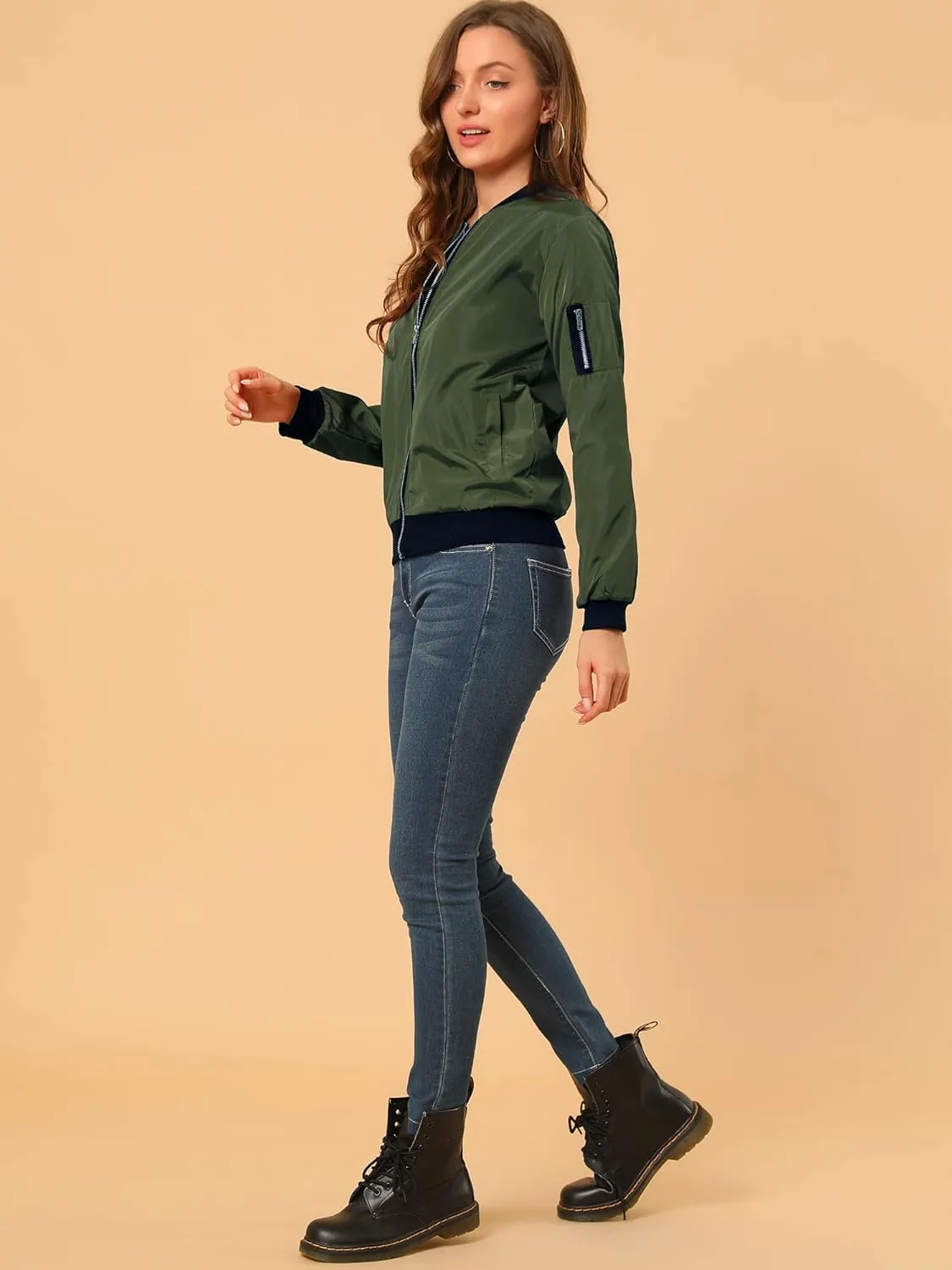 Allegra K Women's Casual Zip Up Bomber Jacket Windbreaker Outerwear with Pockets
