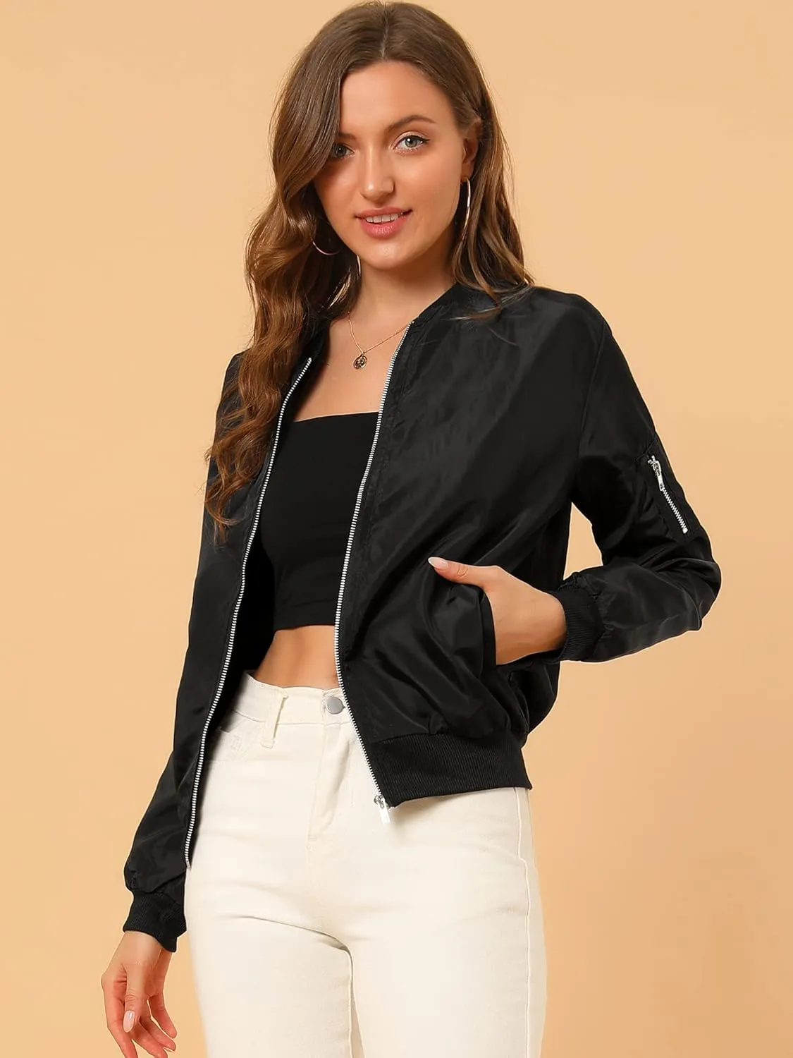 Allegra K Women's Casual Zip Up Bomber Jacket Windbreaker Outerwear with Pockets