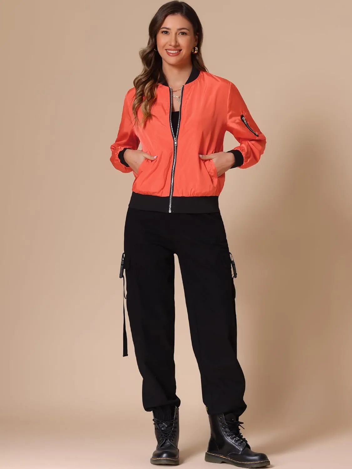 Allegra K Women's Casual Zip Up Bomber Jacket Windbreaker Outerwear with Pockets