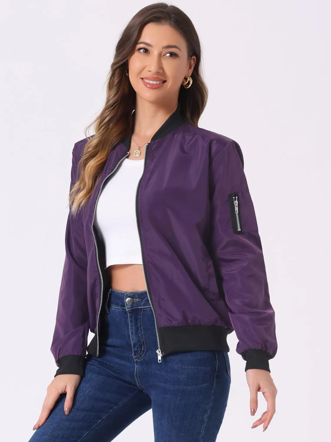 Allegra K Women's Casual Zip Up Bomber Jacket Windbreaker Outerwear with Pockets
