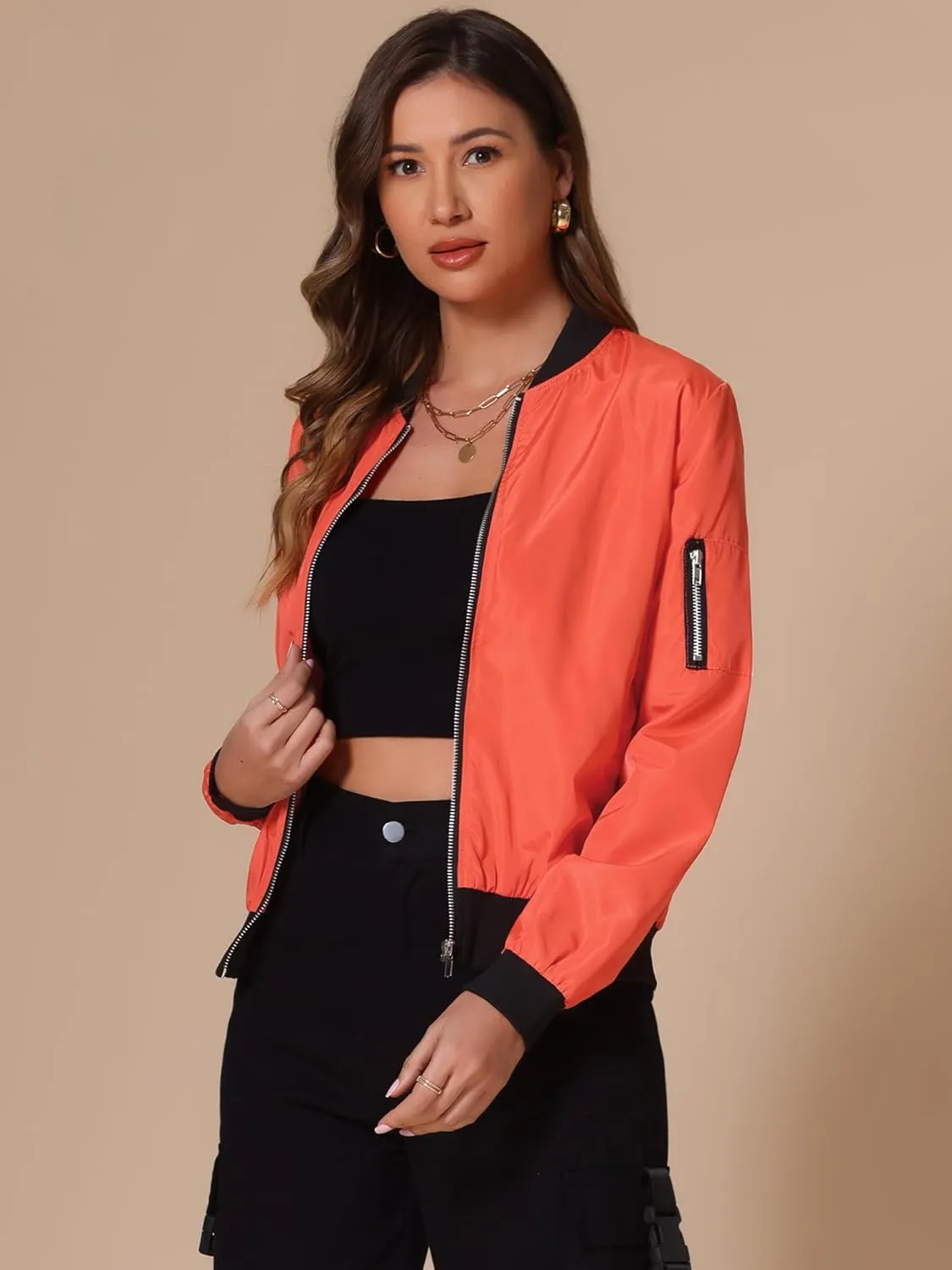 Allegra K Women's Casual Zip Up Bomber Jacket Windbreaker Outerwear with Pockets