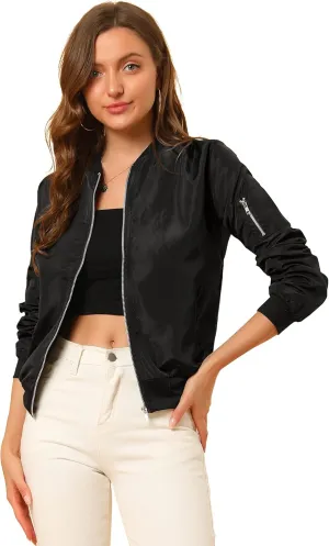 Allegra K Women's Casual Zip Up Bomber Jacket Windbreaker Outerwear with Pockets