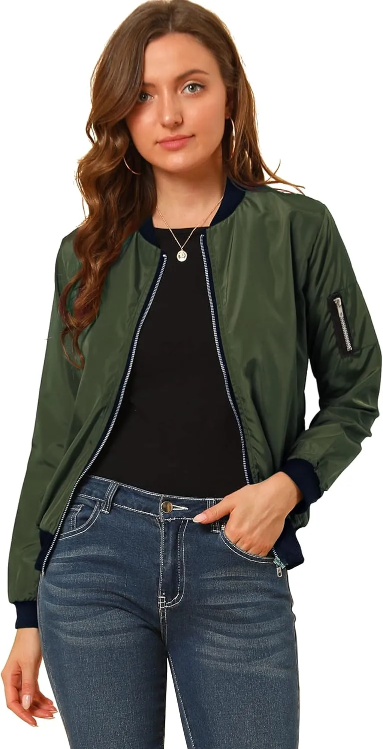 Allegra K Women's Casual Zip Up Bomber Jacket Windbreaker Outerwear with Pockets