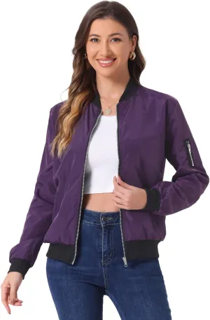 Allegra K Women's Casual Zip Up Bomber Jacket Windbreaker Outerwear with Pockets