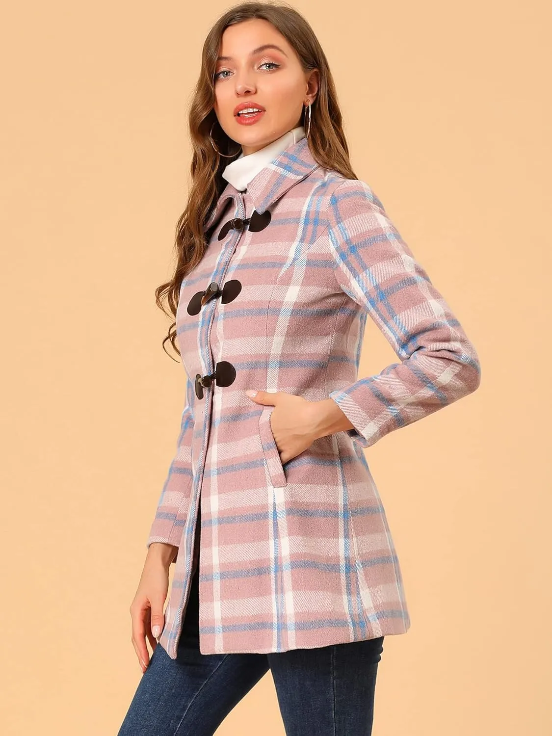 Allegra K Women's Christmas Toggle Outerwear Turn Down Collar Winter Plaid Duffle Coat