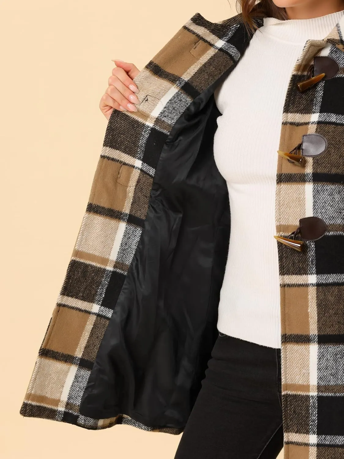 Allegra K Women's Christmas Toggle Outerwear Turn Down Collar Winter Plaid Duffle Coat