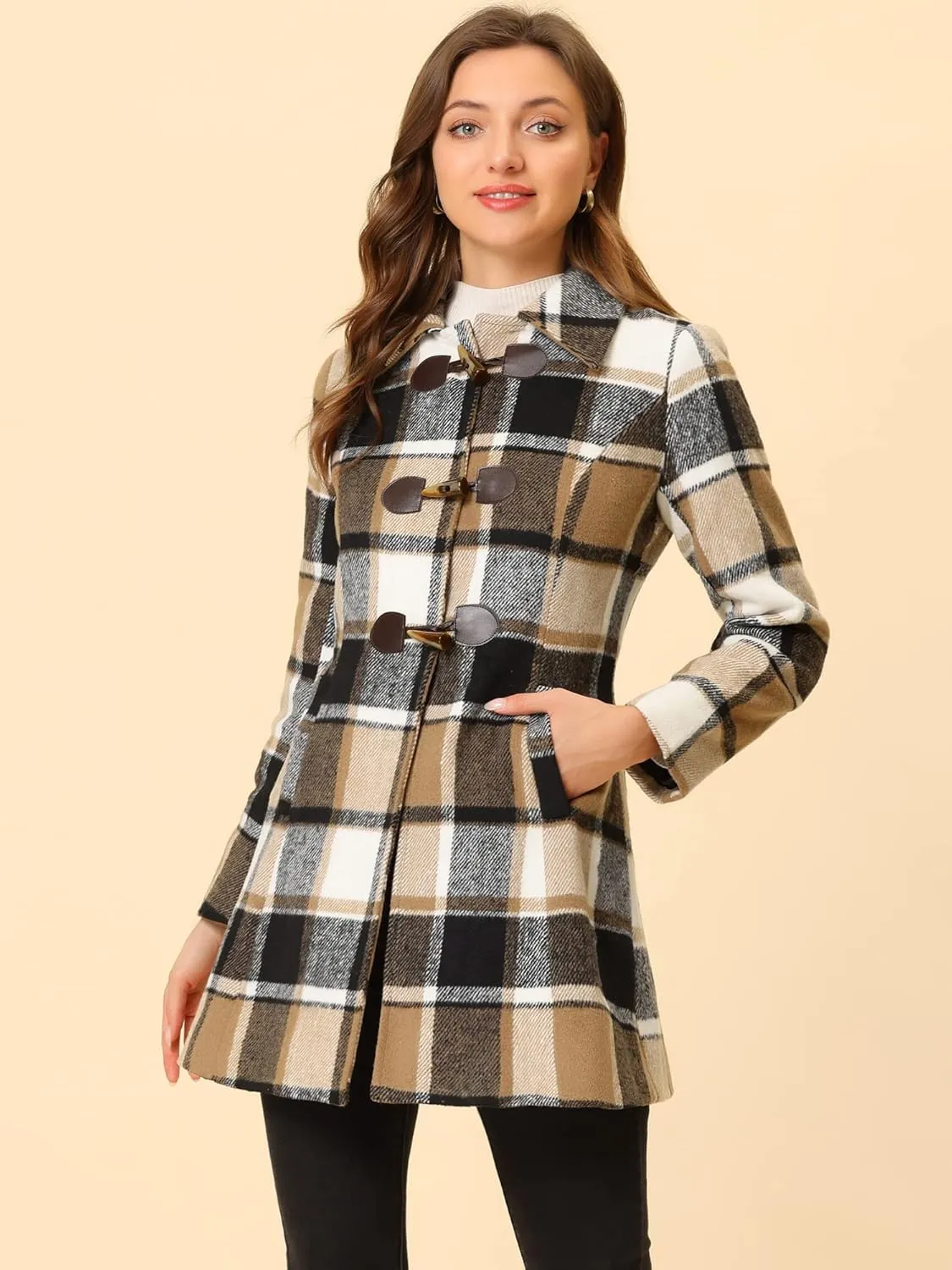Allegra K Women's Christmas Toggle Outerwear Turn Down Collar Winter Plaid Duffle Coat