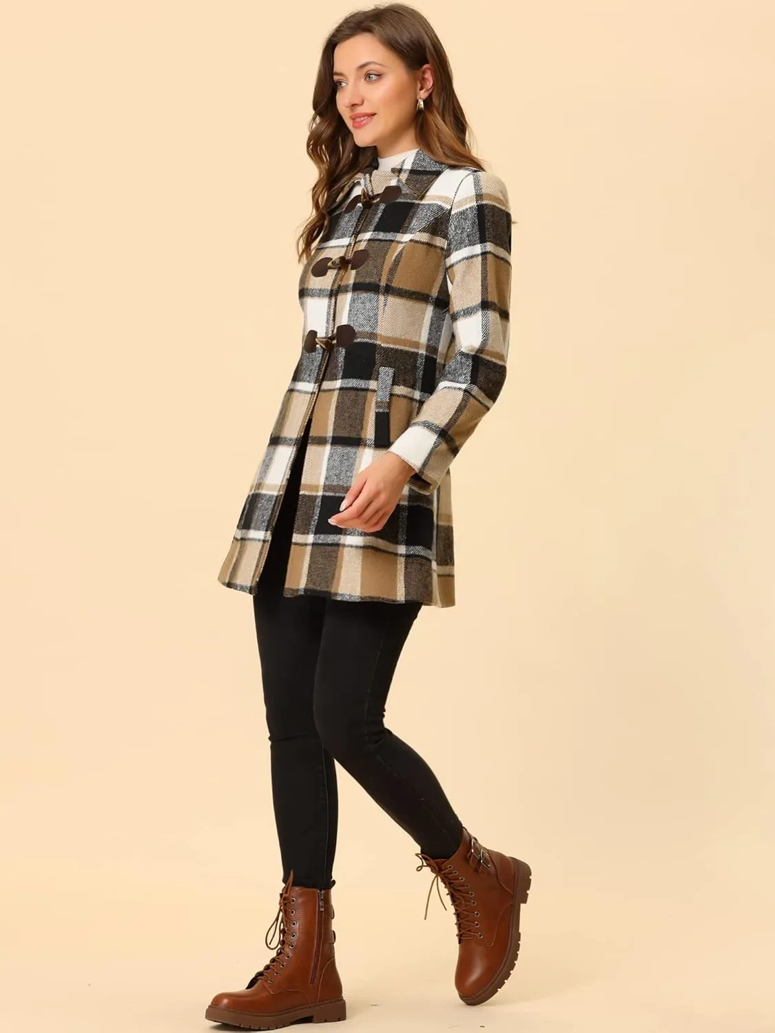Allegra K Women's Christmas Toggle Outerwear Turn Down Collar Winter Plaid Duffle Coat