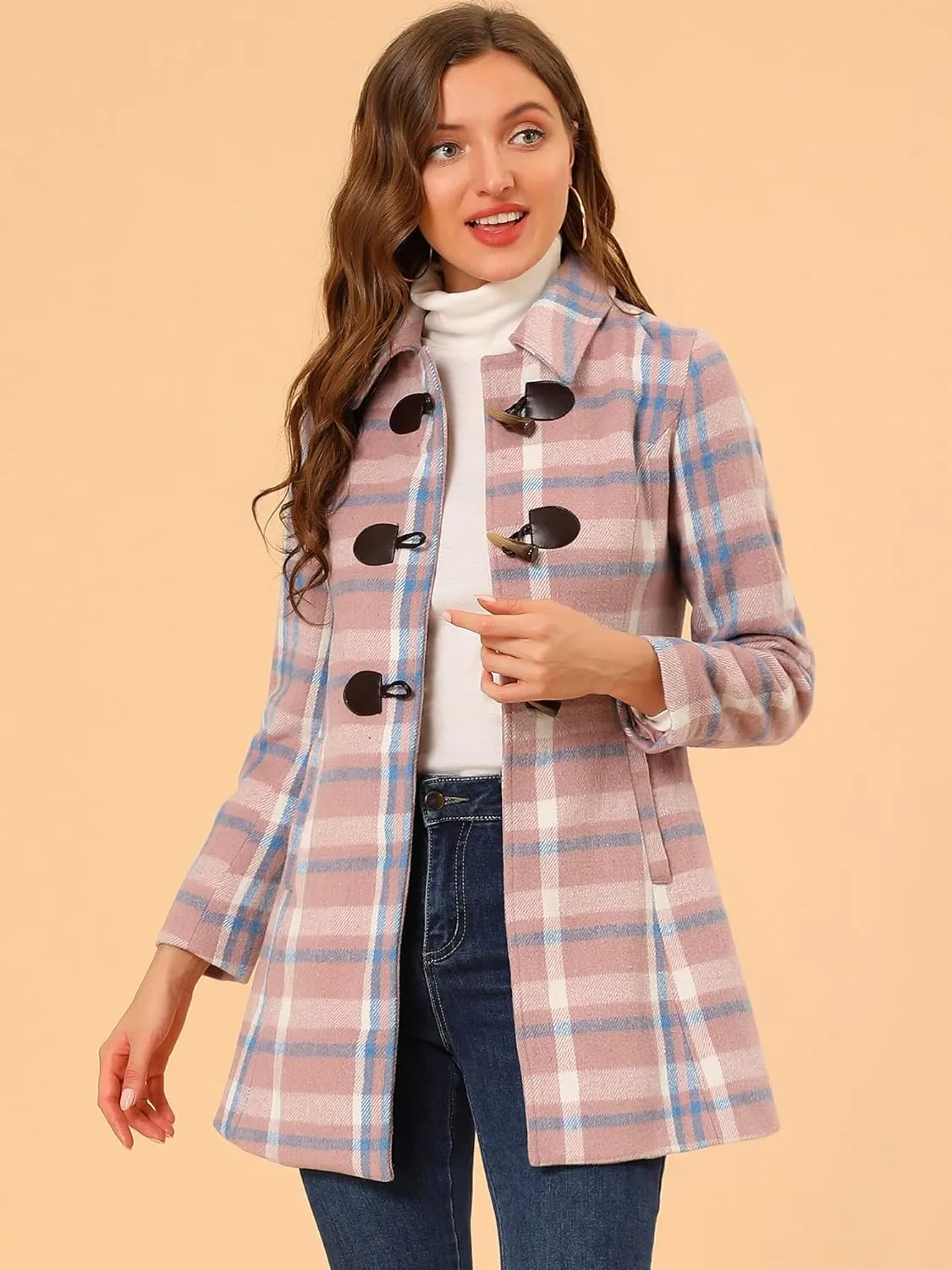 Allegra K Women's Christmas Toggle Outerwear Turn Down Collar Winter Plaid Duffle Coat
