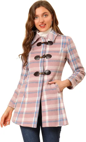 Allegra K Women's Christmas Toggle Outerwear Turn Down Collar Winter Plaid Duffle Coat