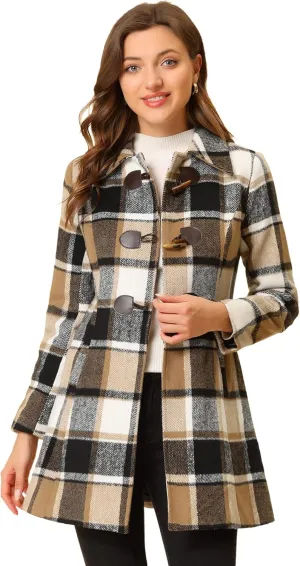 Allegra K Women's Christmas Toggle Outerwear Turn Down Collar Winter Plaid Duffle Coat