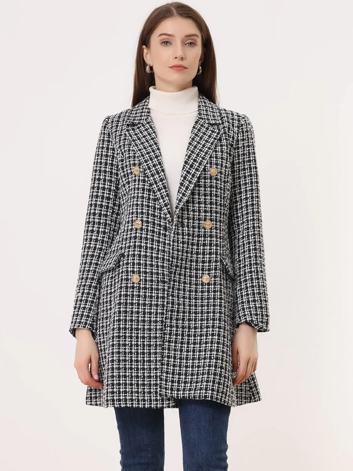 Allegra K Women's Plaid Tweed Coat Elegant Lapel Collar Double Breasted Blazer Outerwear