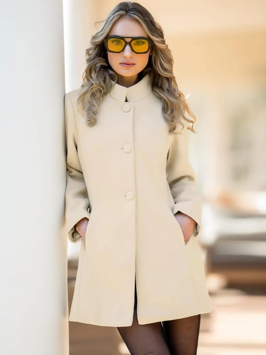 Allegra K Women's Winter Overcoat Mid-Long Stand Collar Single Breasted Coat Outerwear