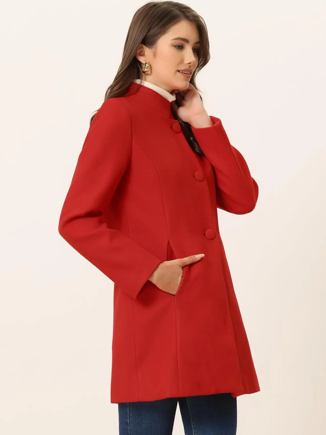 Allegra K Women's Winter Overcoat Mid-Long Stand Collar Single Breasted Coat Outerwear