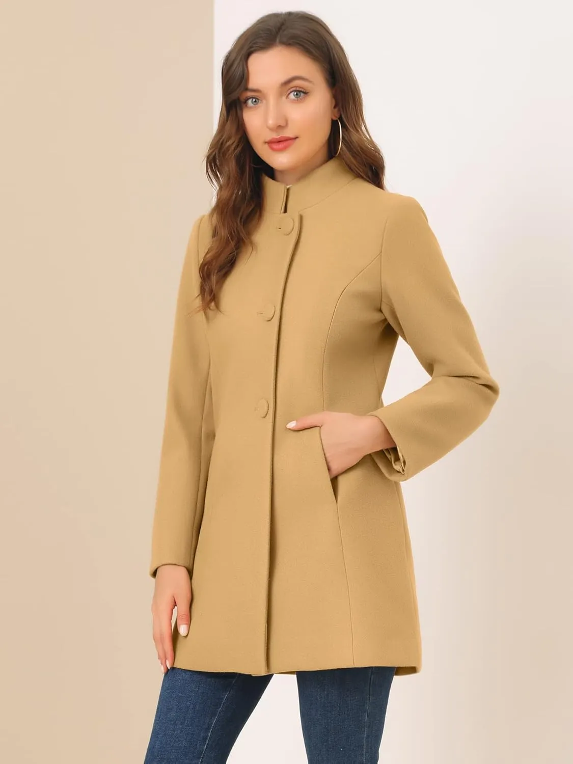 Allegra K Women's Winter Overcoat Mid-Long Stand Collar Single Breasted Coat Outerwear