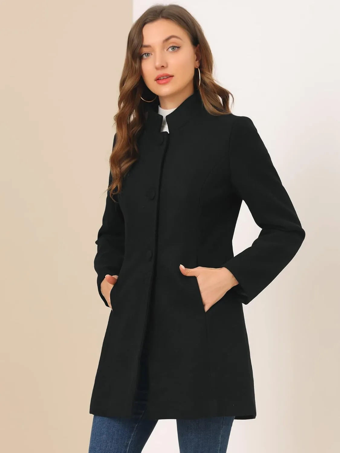 Allegra K Women's Winter Overcoat Mid-Long Stand Collar Single Breasted Coat Outerwear