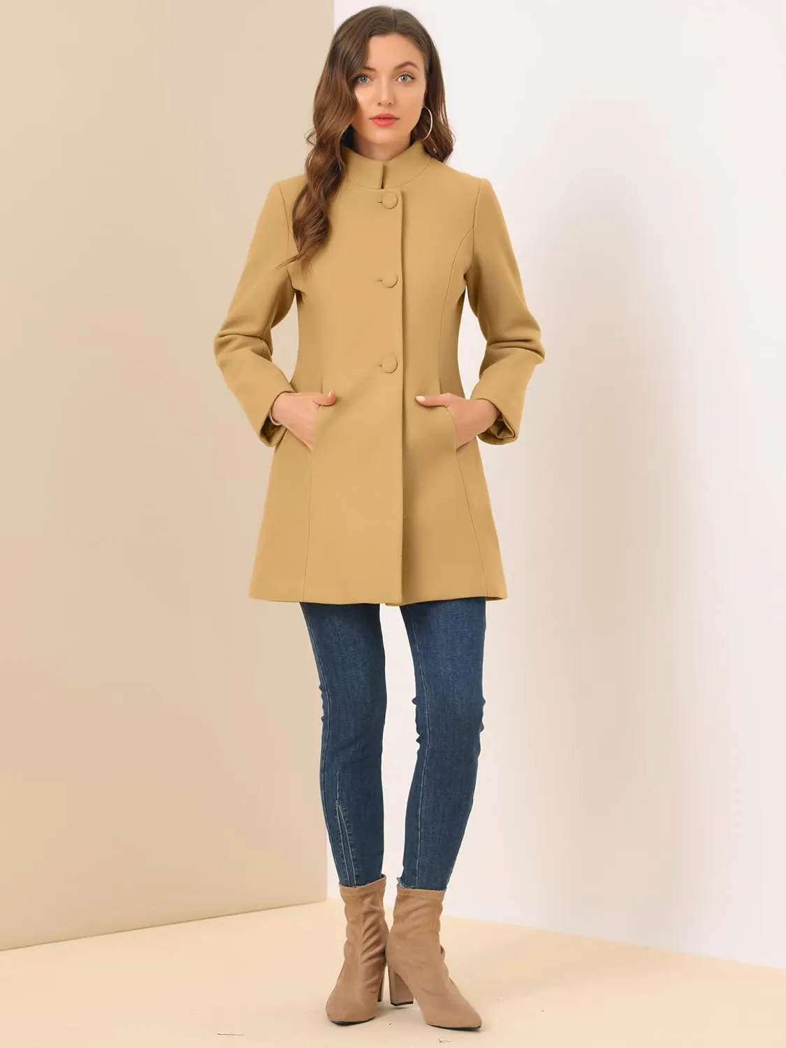 Allegra K Women's Winter Overcoat Mid-Long Stand Collar Single Breasted Coat Outerwear