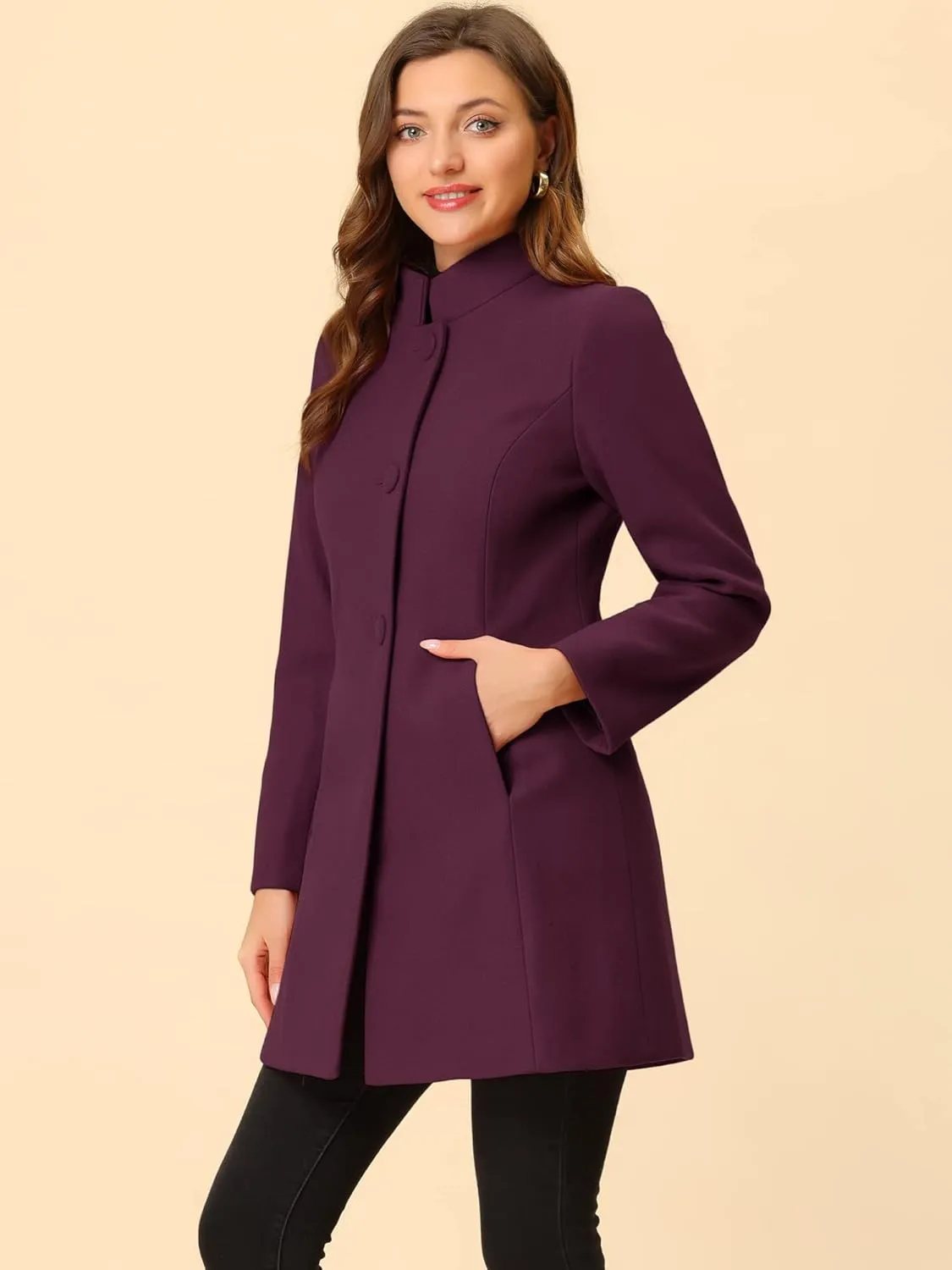 Allegra K Women's Winter Overcoat Mid-Long Stand Collar Single Breasted Coat Outerwear