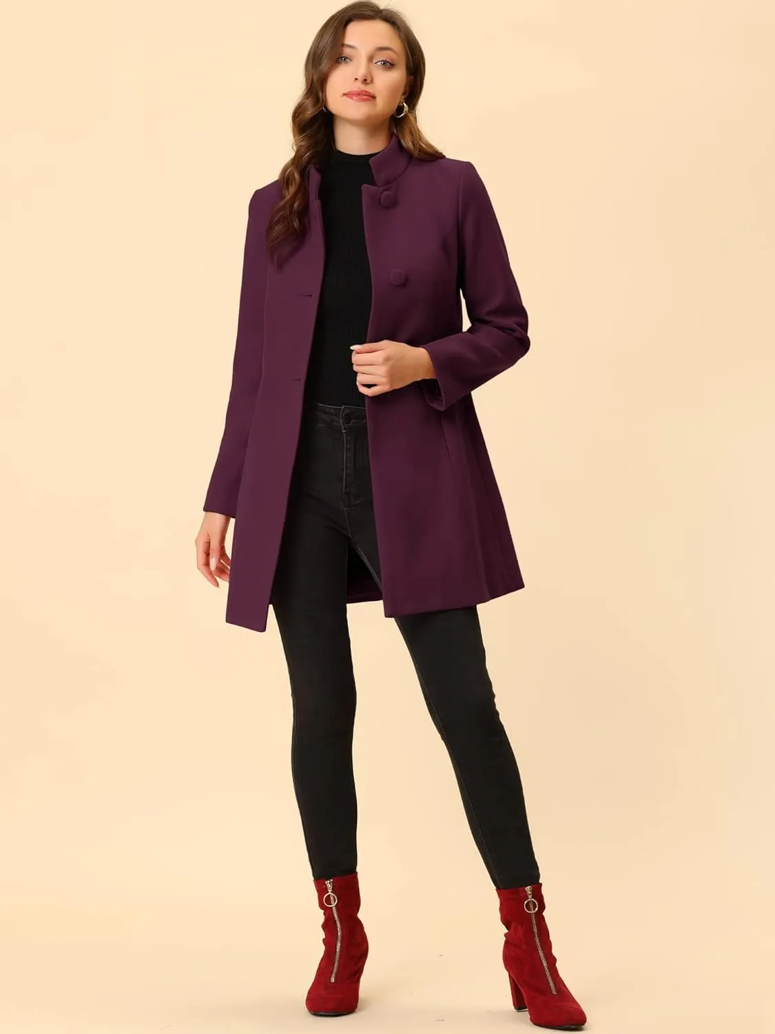 Allegra K Women's Winter Overcoat Mid-Long Stand Collar Single Breasted Coat Outerwear