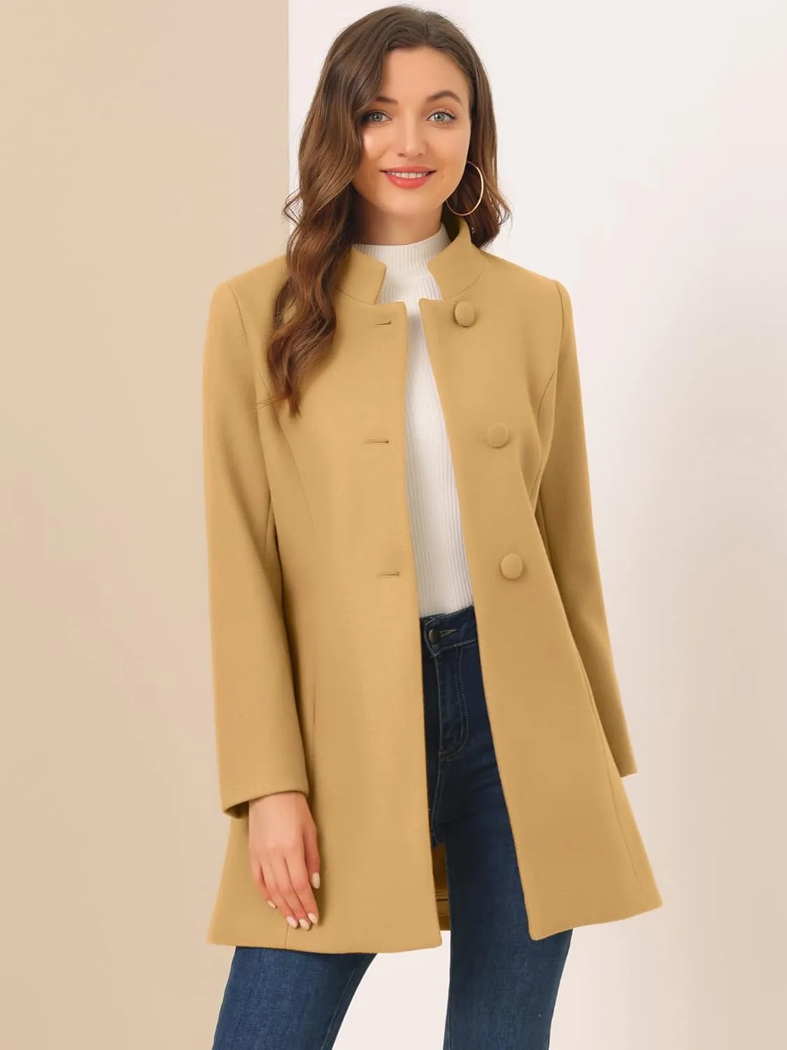 Allegra K Women's Winter Overcoat Mid-Long Stand Collar Single Breasted Coat Outerwear