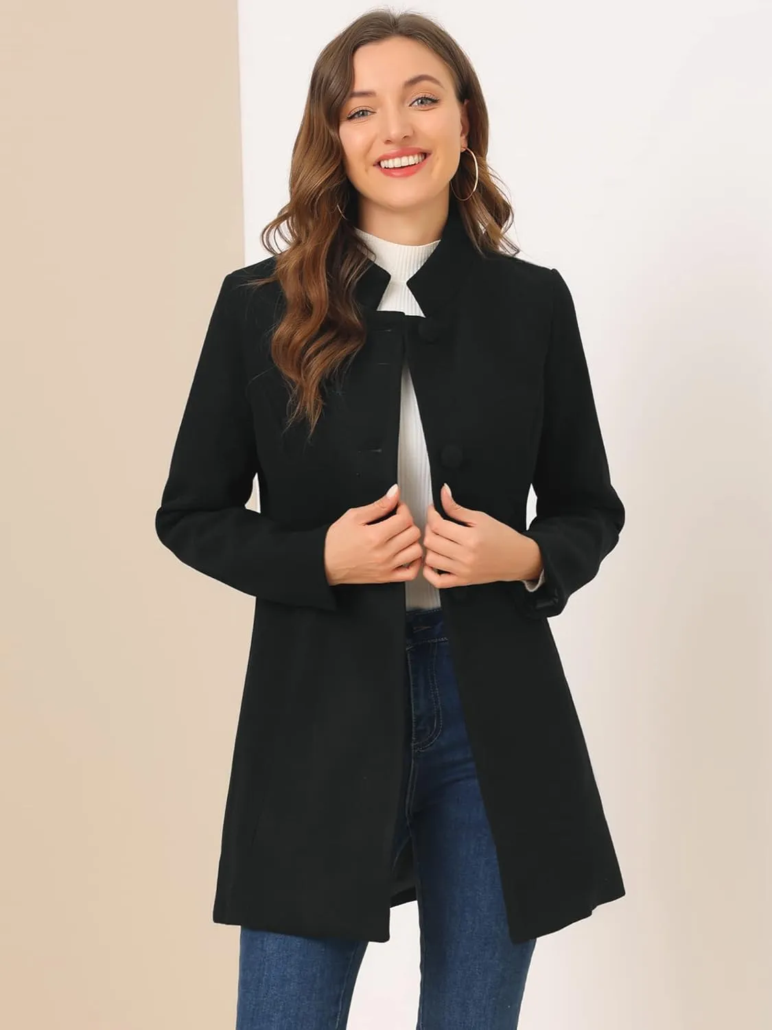 Allegra K Women's Winter Overcoat Mid-Long Stand Collar Single Breasted Coat Outerwear