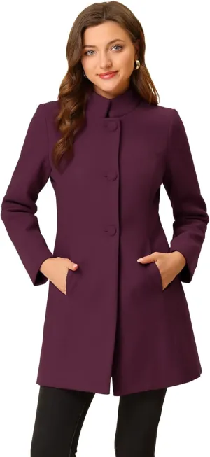 Allegra K Women's Winter Overcoat Mid-Long Stand Collar Single Breasted Coat Outerwear