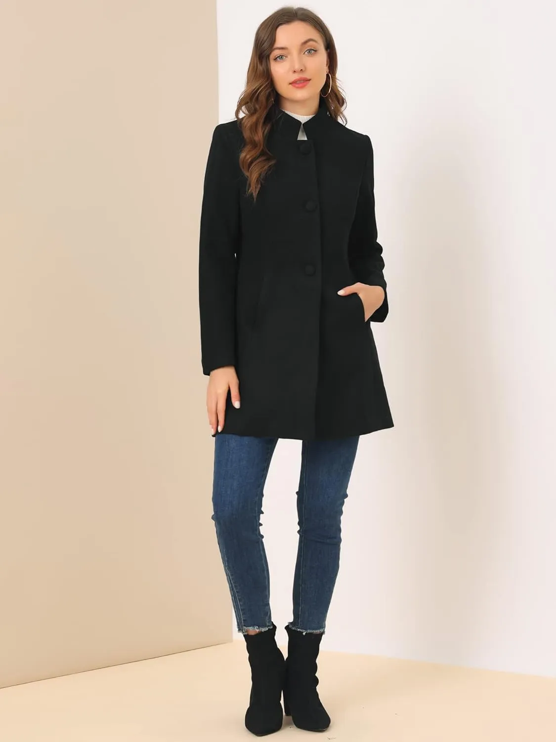 Allegra K Women's Winter Overcoat Mid-Long Stand Collar Single Breasted Coat Outerwear