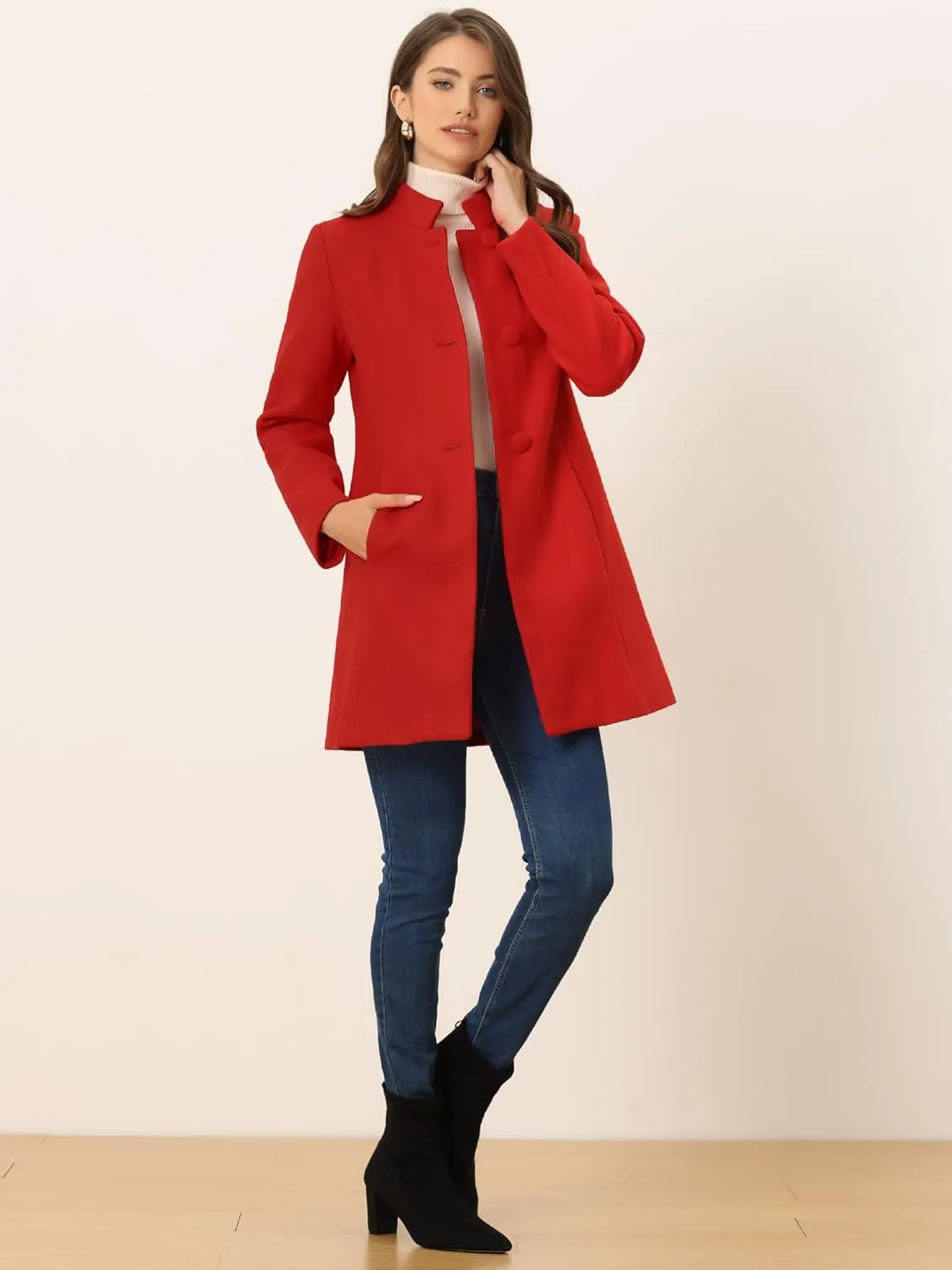 Allegra K Women's Winter Overcoat Mid-Long Stand Collar Single Breasted Coat Outerwear