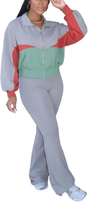Alunzoem Sweatsuits Women 2 Piece Outfit Set Casual Color Block Zipper Jacket Long Pants Jogging Matching Tracksuit