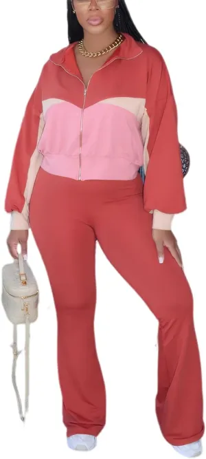 Alunzoem Sweatsuits Women 2 Piece Outfit Set Casual Color Block Zipper Jacket Long Pants Jogging Matching Tracksuit