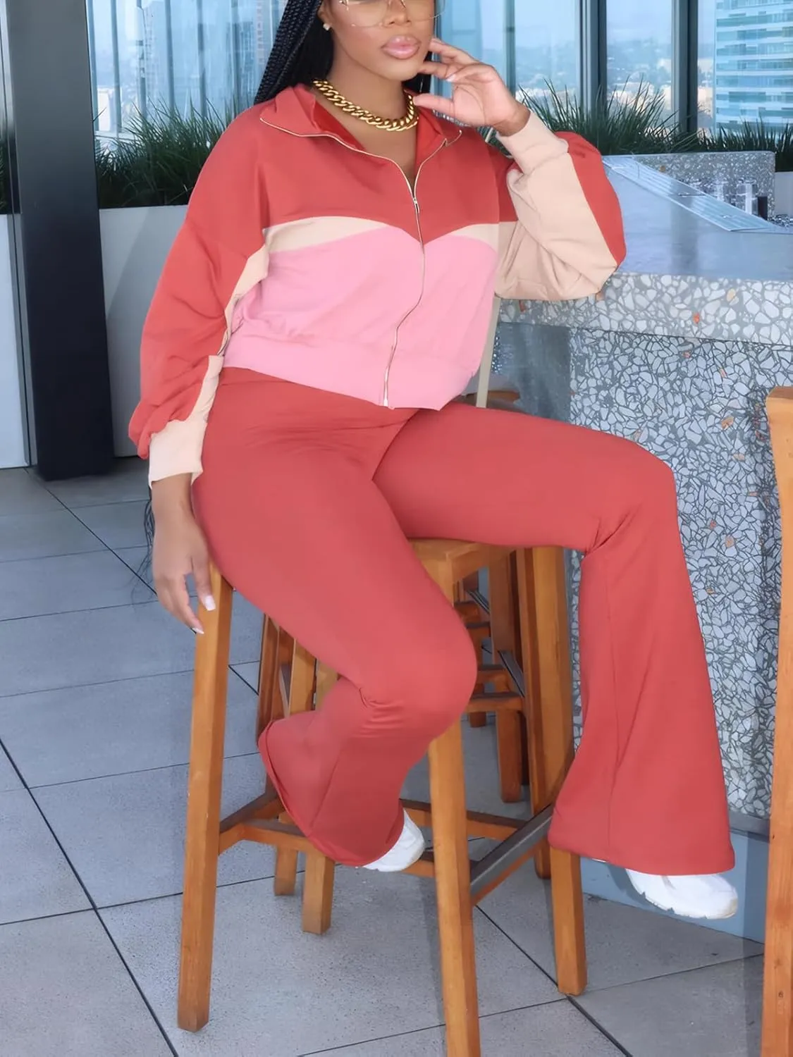 Alunzoem Sweatsuits Women 2 Piece Outfit Set Casual Color Block Zipper Jacket Long Pants Jogging Matching Tracksuit