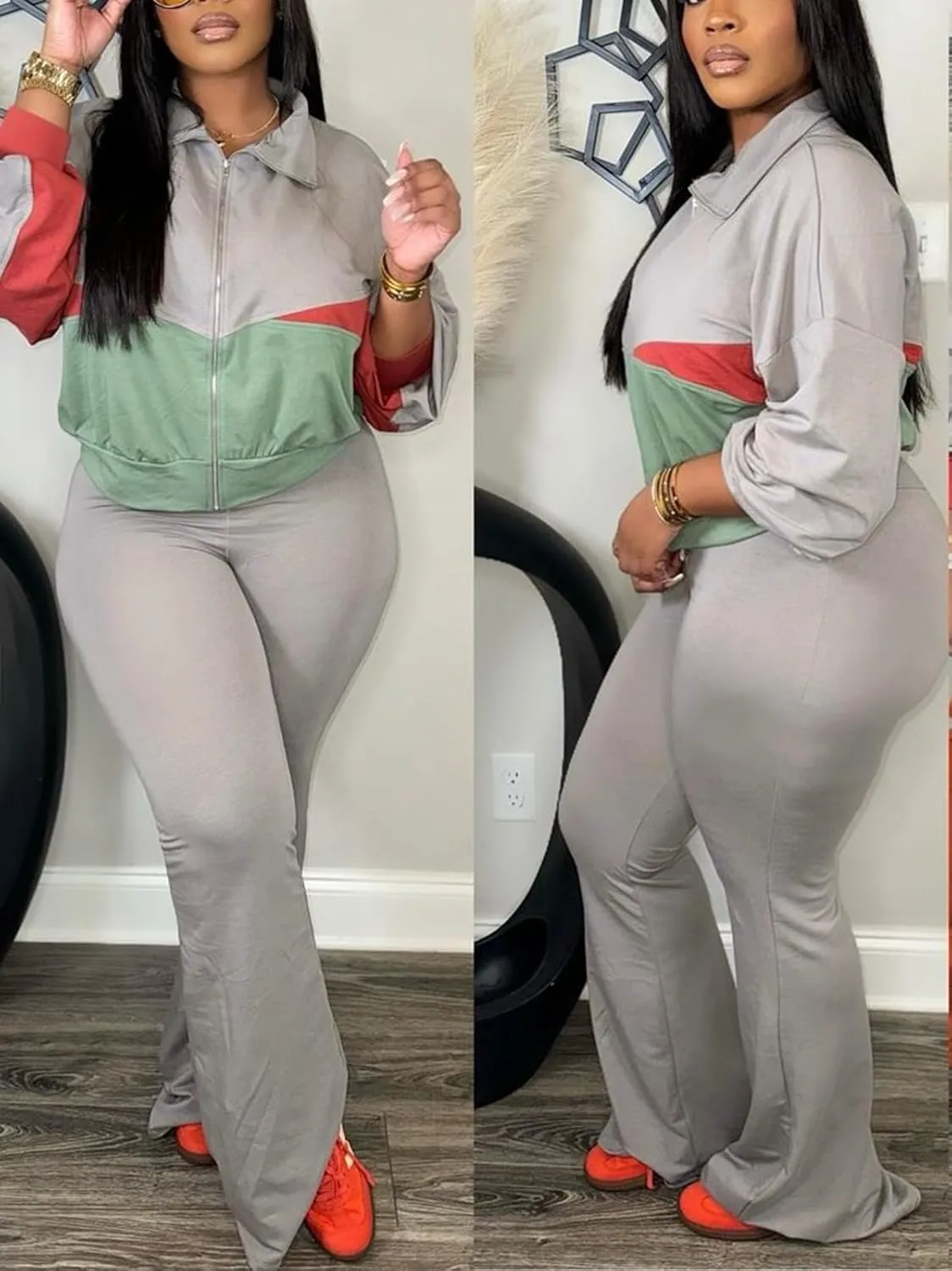 Alunzoem Sweatsuits Women 2 Piece Outfit Set Casual Color Block Zipper Jacket Long Pants Jogging Matching Tracksuit