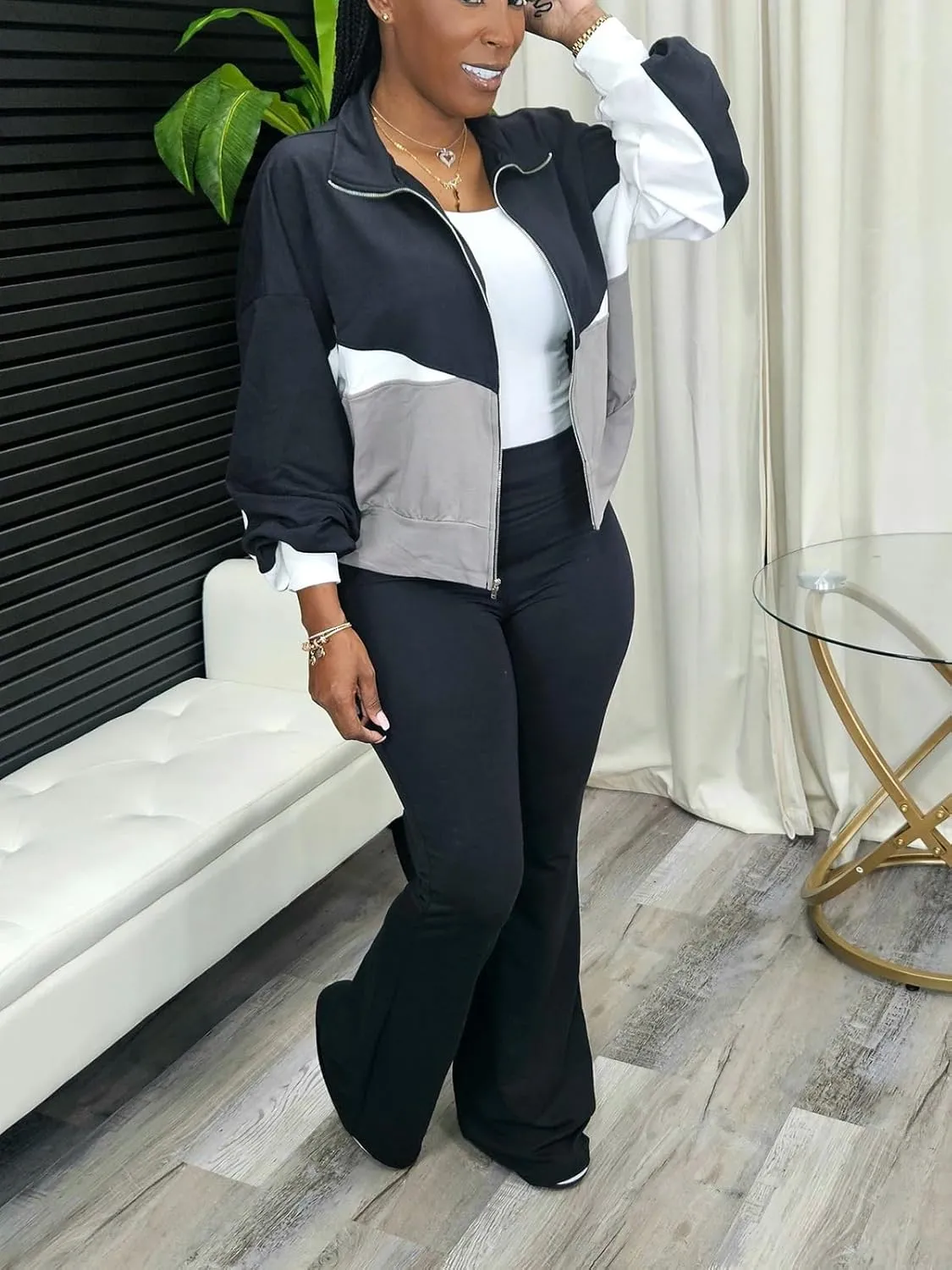 Alunzoem Sweatsuits Women 2 Piece Outfit Set Casual Color Block Zipper Jacket Long Pants Jogging Matching Tracksuit