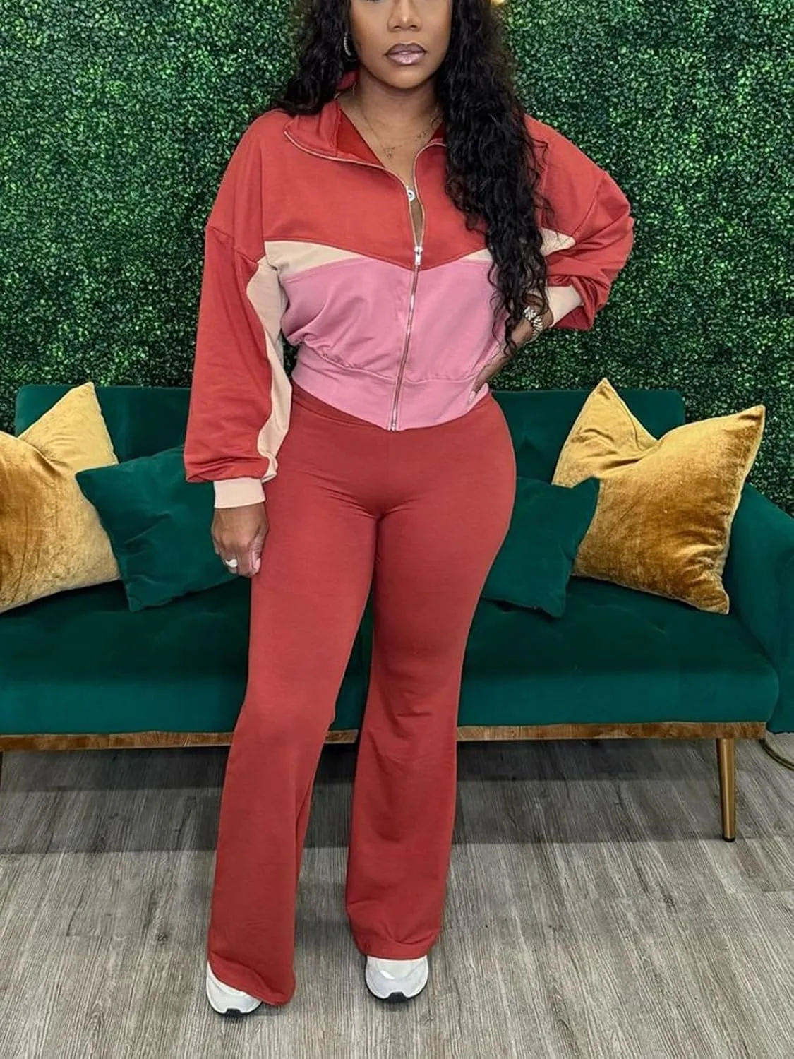 Alunzoem Sweatsuits Women 2 Piece Outfit Set Casual Color Block Zipper Jacket Long Pants Jogging Matching Tracksuit