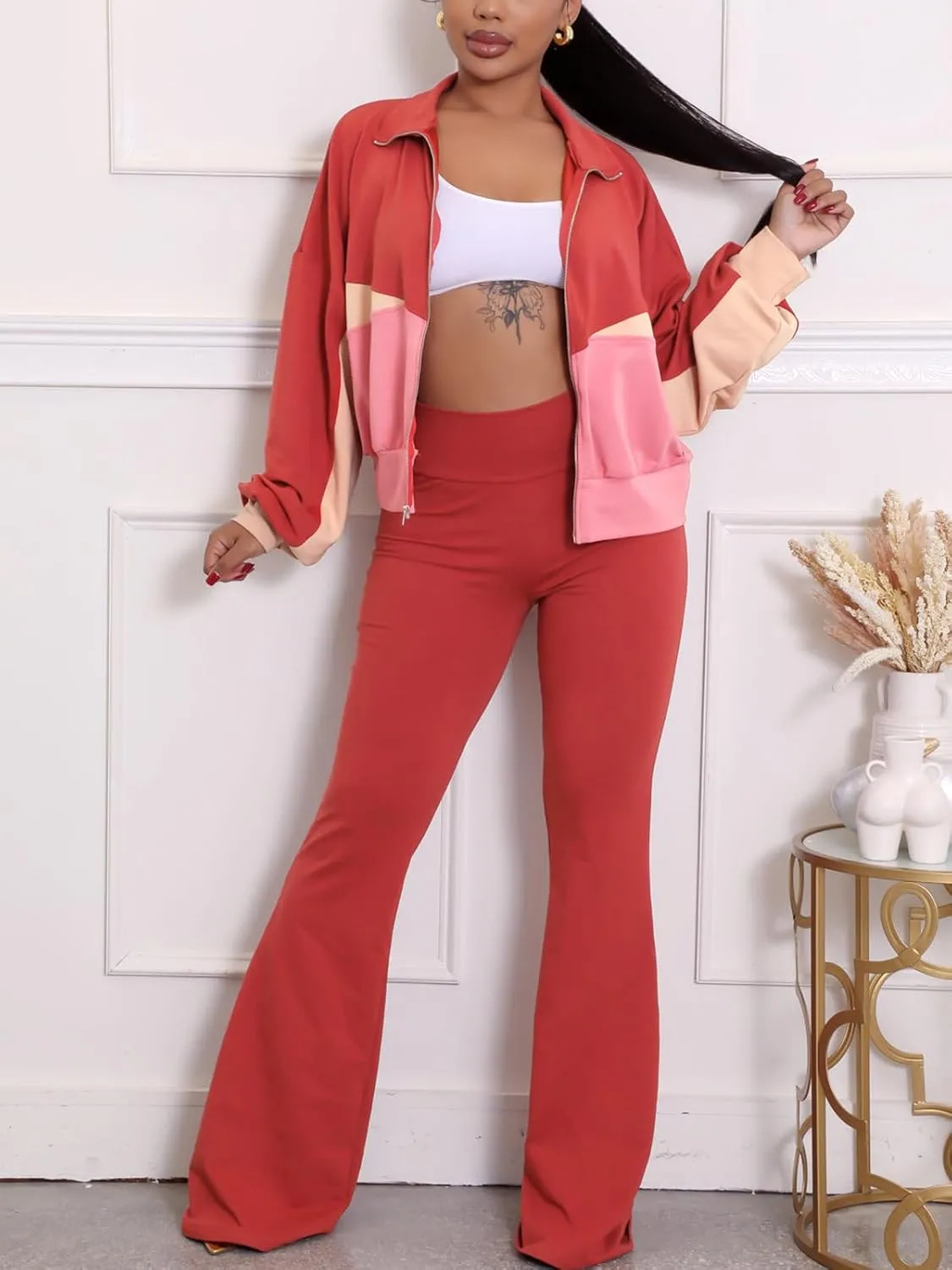 Alunzoem Sweatsuits Women 2 Piece Outfit Set Casual Color Block Zipper Jacket Long Pants Jogging Matching Tracksuit
