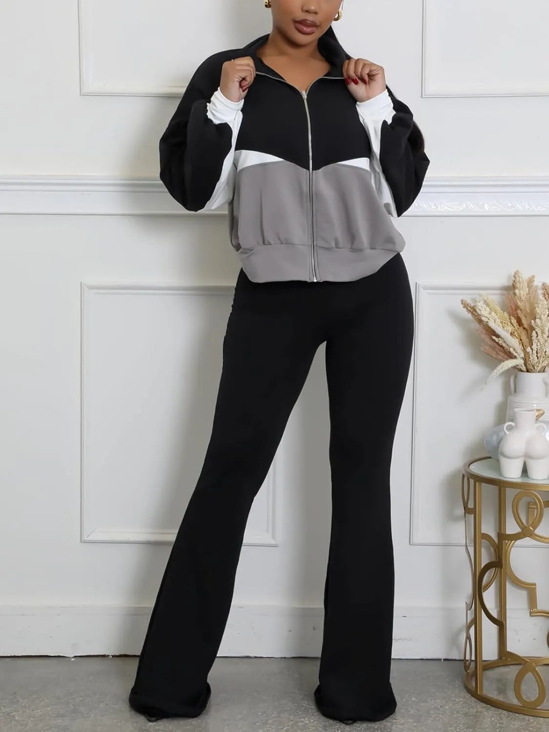 Alunzoem Sweatsuits Women 2 Piece Outfit Set Casual Color Block Zipper Jacket Long Pants Jogging Matching Tracksuit