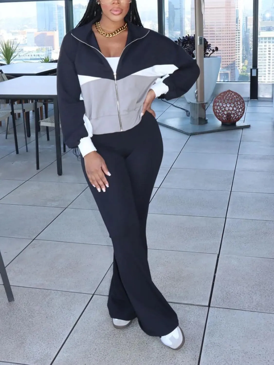 Alunzoem Sweatsuits Women 2 Piece Outfit Set Casual Color Block Zipper Jacket Long Pants Jogging Matching Tracksuit