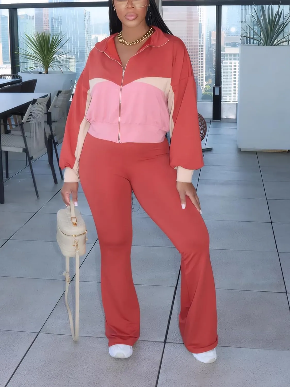 Alunzoem Sweatsuits Women 2 Piece Outfit Set Casual Color Block Zipper Jacket Long Pants Jogging Matching Tracksuit